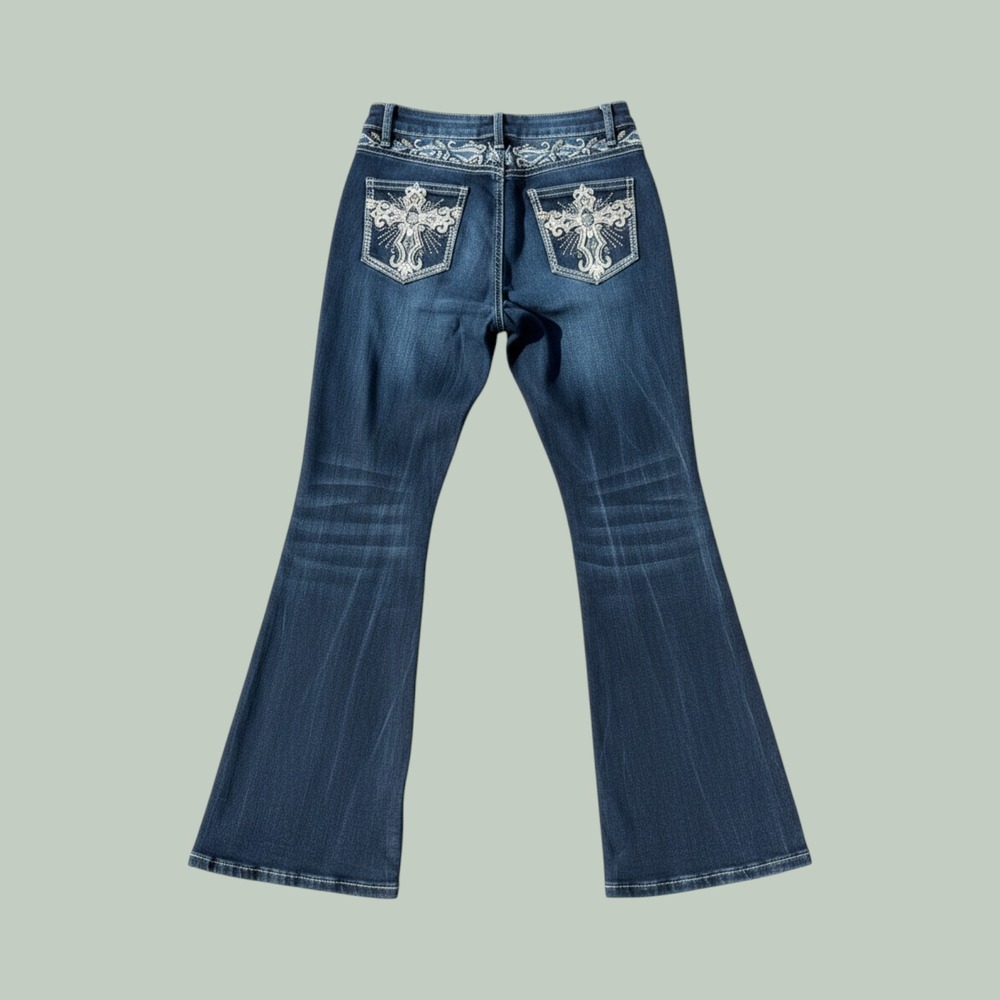 Y2K Women's Dark Wash Flare Jeans Rhinestone Cross Embroidered Back Pocket Denim